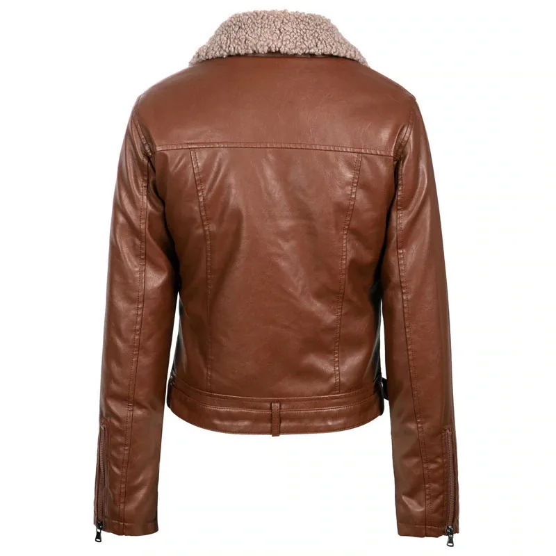 Women Faux Wool Fur Leather Jacket Winter Warm Thickness Lamb Fur Black Punk Zipper Pu Jacket Outwear Jacket