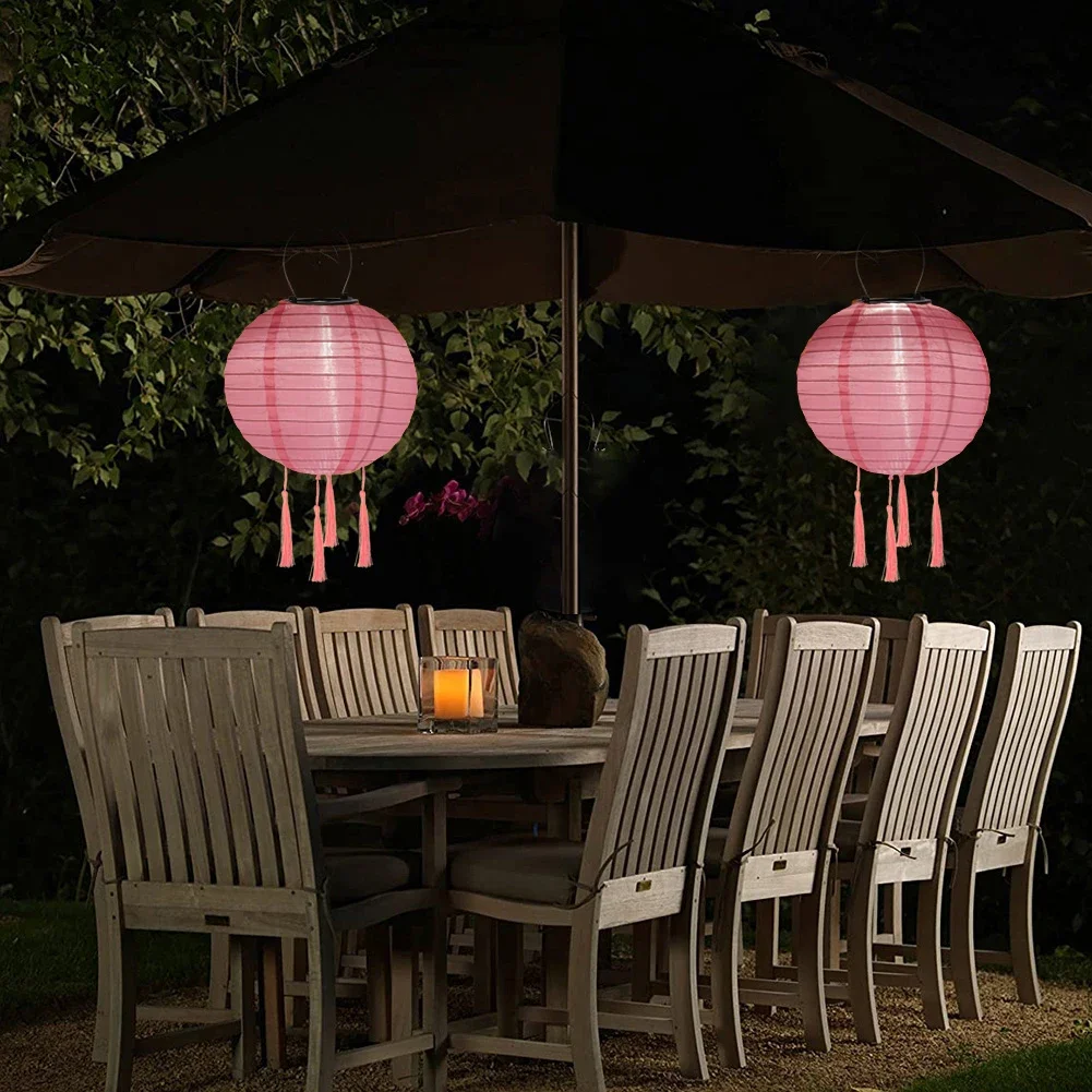 Round Paper Lantern Waterproof Solar Chinese Lantern Nylon Hanging Lamp Outdoor Festival Wedding Birthday Party Decorations