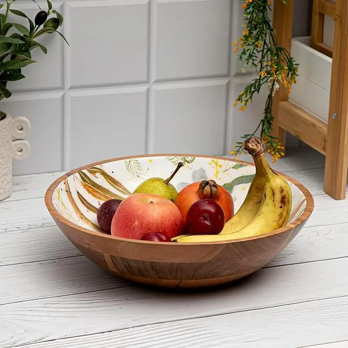 Modern Minimalist Acacia Wood Serving Bowl Handcrafted Enamel Print Elegant Maple Wood Fruit Bowl Touch Nature Concept Food
