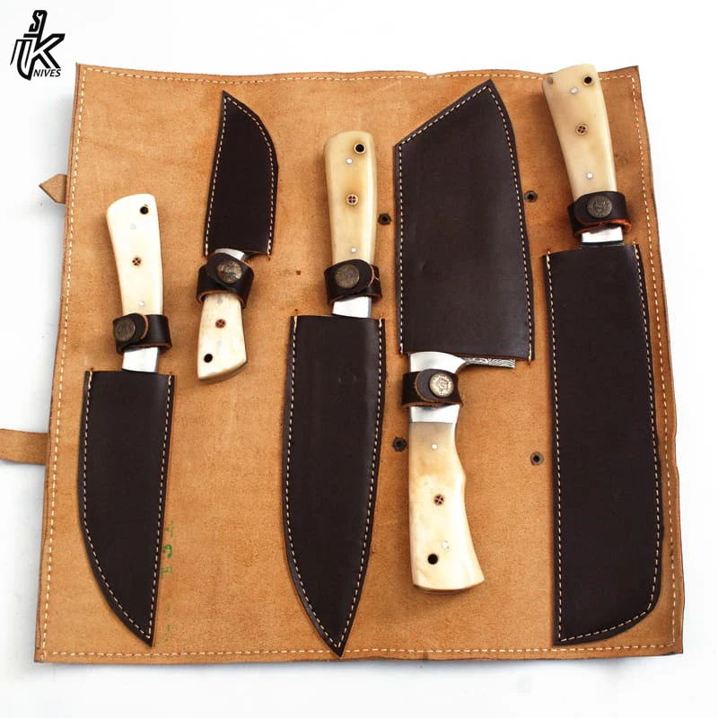 High Quality Custom Logo Kitchen Knife Set New Design Stainless Steel Chef Knife Damascus Metal Handle Wooden Block Cutting