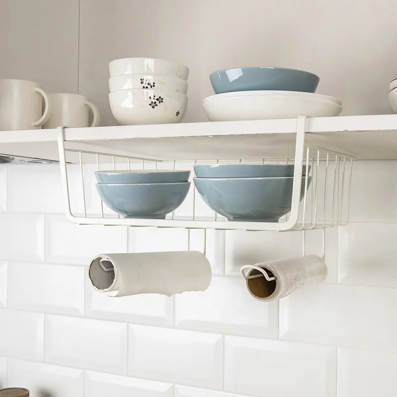 Hot Selling Kitchen Cabinet Wire Hanging Basket Storage Holders & Racks Under Cabinet Organizer Shelf with Hooks
