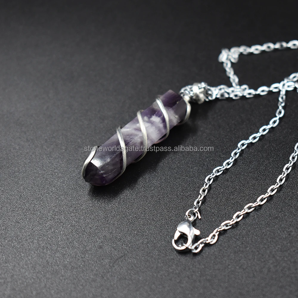 Latest Amethyst Pencil Point Pendant Necklace, Spiral Wire Wrapped Amethyst Quartz Pendant Necklace / Stone World Agate