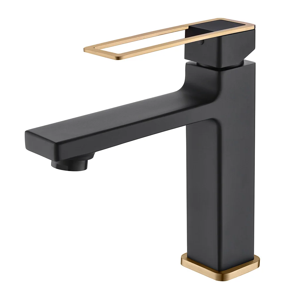 Discount Bathroom Faucet Stylish Modern Single Handle Basin Mixer Black Body With Gold Handle Basin Faucet