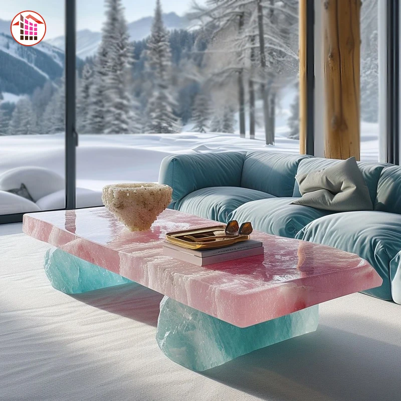 Luxury translucent stone coffee table backlit blue pink crystal dining table translucent pink onyx marble custom  table