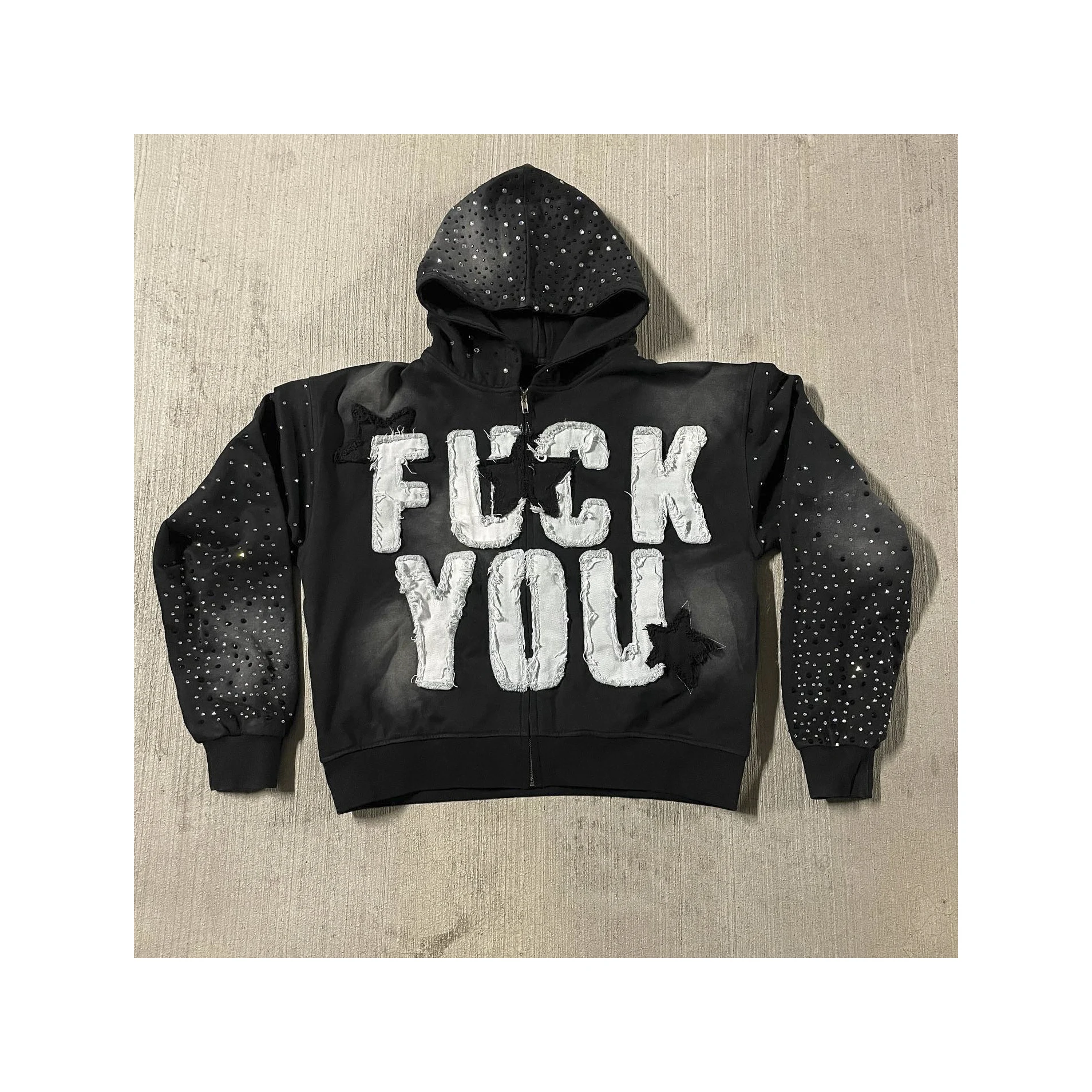 Unisex Custom Heavyweight hoodie 400gsm Boxy Zipper Distressed Embroidery Applique Patch Cropped Acid Washed Zip Up Hoodie Men