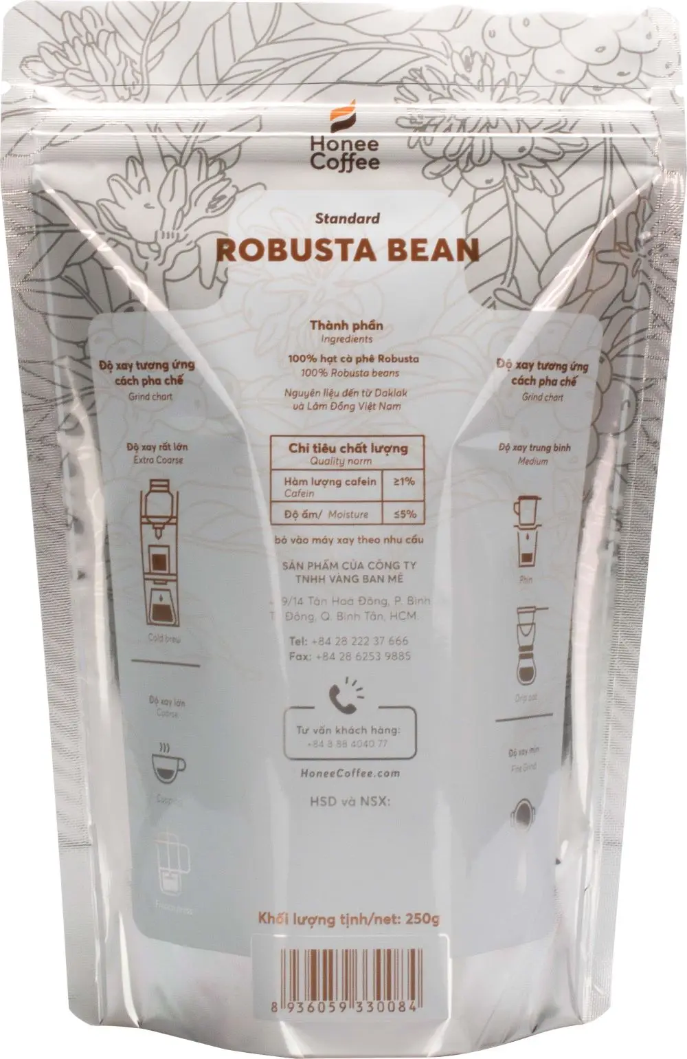 ROASTED COFFEE BEAN ROBUSTA Standard screen 18 250g per bag Honee Coffee brand made in Viet Nam