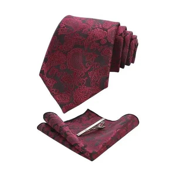 Wholesale High Quality Jacquard Black Gold Silk Tie Men Neckties with Pocket Square