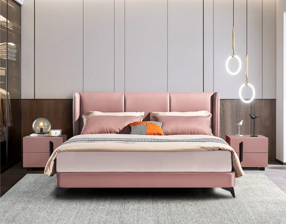 Manufacturer Wholesale High Quality Pink Queen Size King Size Bed Bedroom Set Leather Bed