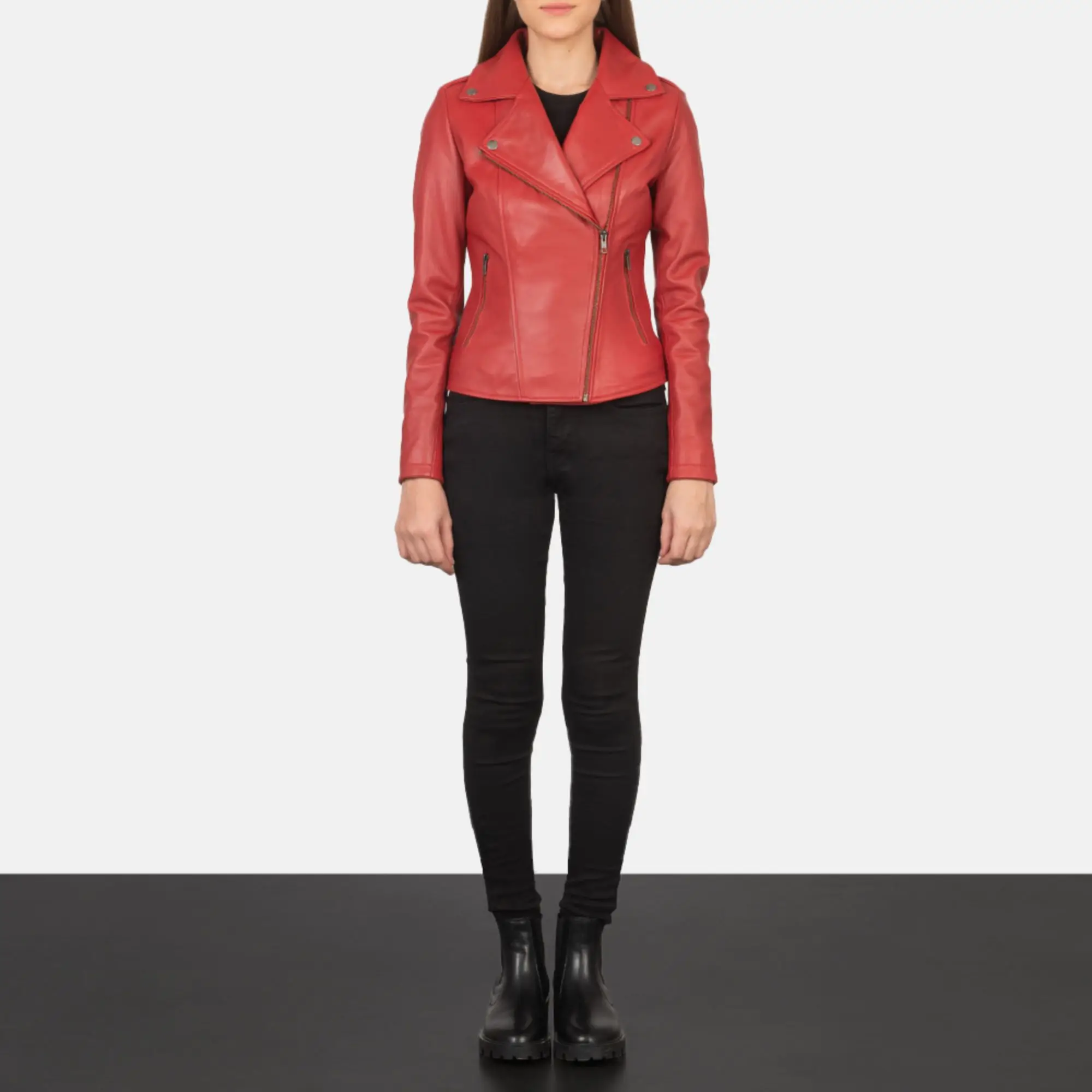Real Leather Sheepskin Aniline Zipper Flashback Red Women Biker Jacket with Quilted Viscose Lining and Inside Outside Pockets