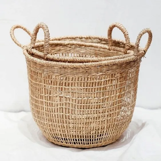 Cheap price Set 3 Natural fiber Seagrass Round Woven Storage Basket organizer With Handles Planter Straw Rattan Laundry Baskets