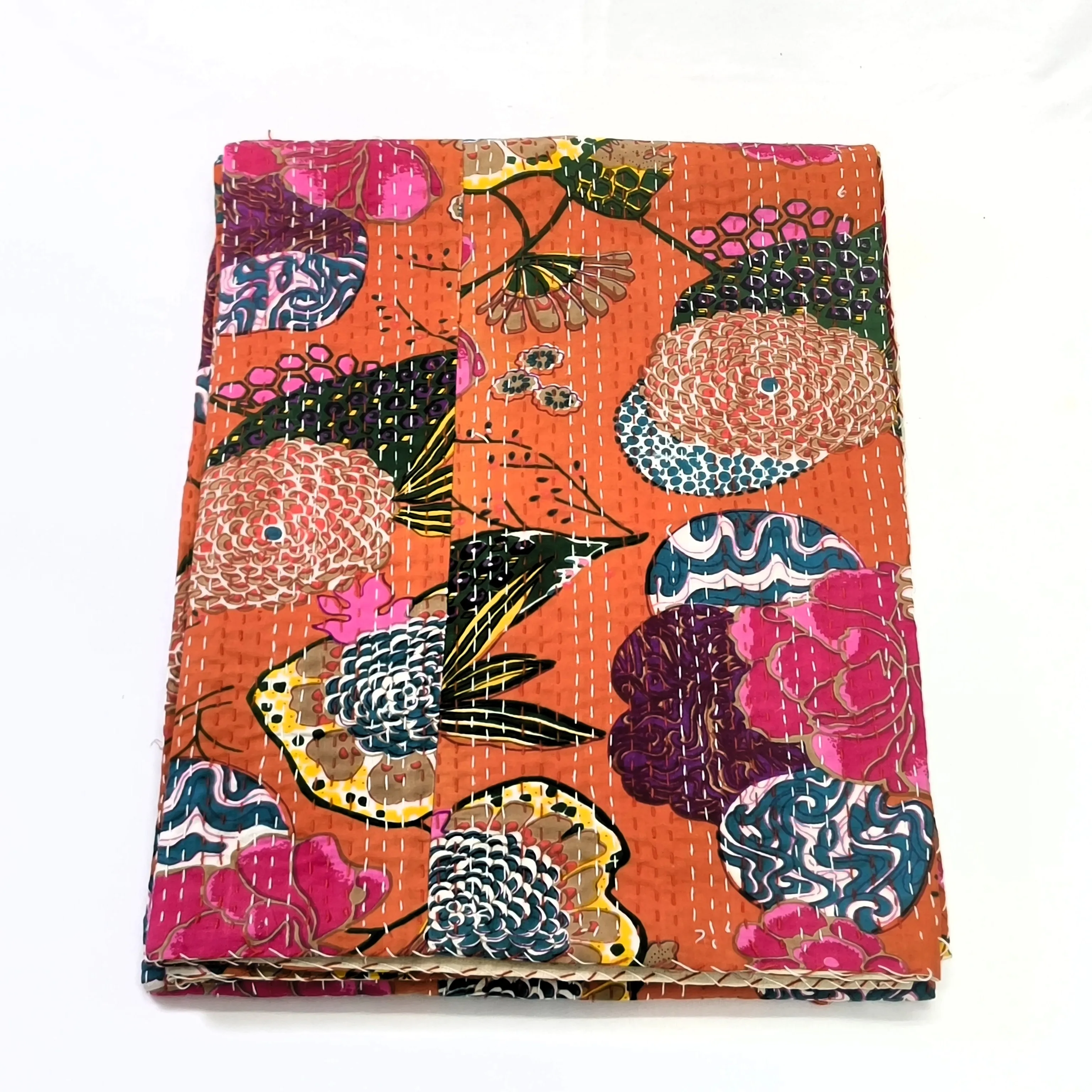 Indian Wholesaler of Handmade Quilt Vintage Tropicana Fruit Print Cotton Kantha Bedspread Blanket