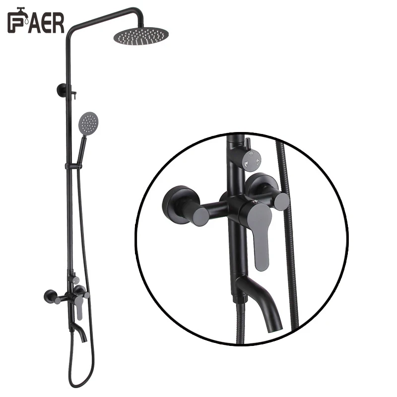 Powder Coating Matte Black Stainless Steel Round Top Spray Hot Cold Shower Faucet Set Bath Mixer for Bathroom