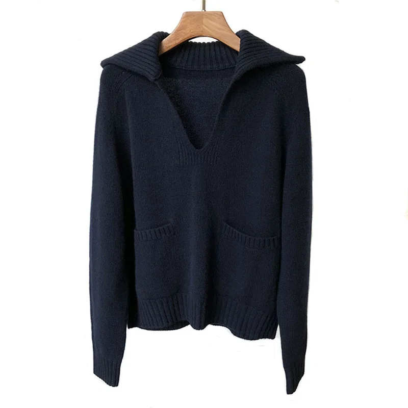 Women Elegant  Designer Sailor Collar Cashmere Wool Knit Jumper Sweater with Pockets