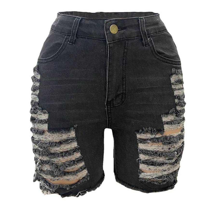 2023 New Summer Hot Hole Women Denim Shorts Bale Pockets Frayed Raw Ripped Denim Cotton High Elasticity Short Jeans For Women