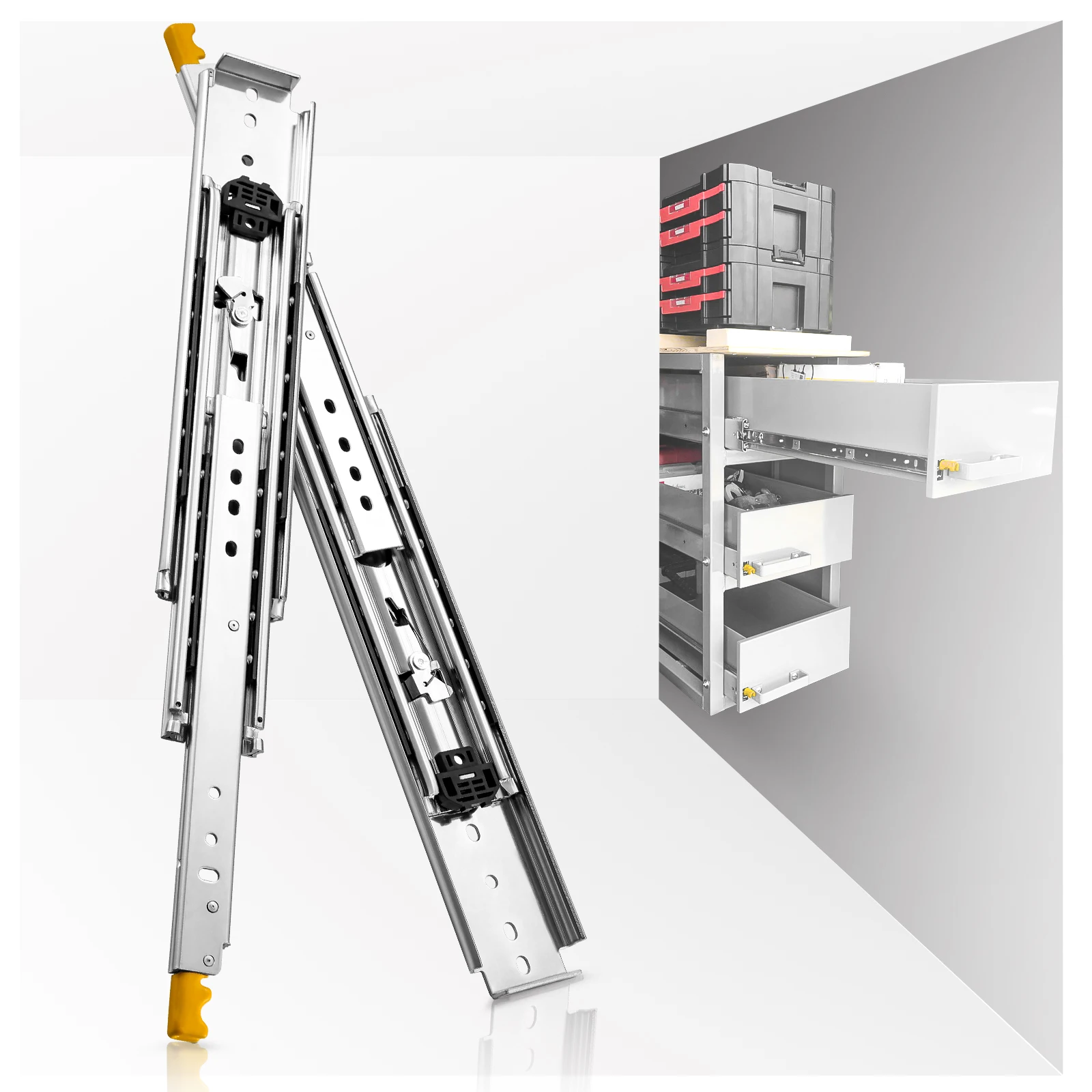 AOLISHENG Heavy Duty Drawer Slides Locking Three Sections Full Extension Ball Bearing Drawer Runners  500lb Load Industrial Rail