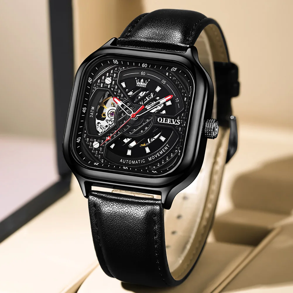 Custom High Quality Skeleton Square Watches Black Leather Watch Strap Automatic Mechanical Men Sports Watches