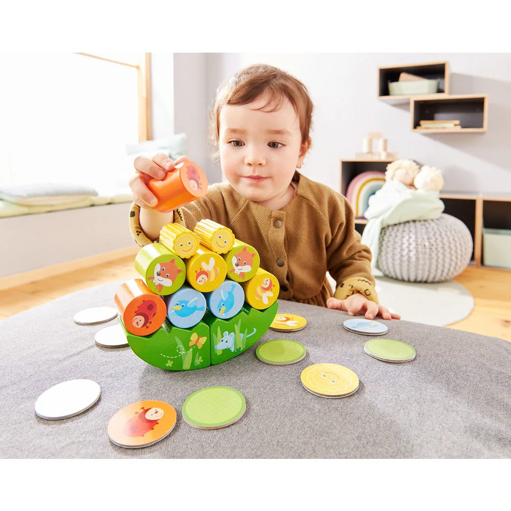 Wooden Stacking Game Fox Stacking and Motor Skills Game with Wobble Meadow and 10 Stacking Stones from 2 Years