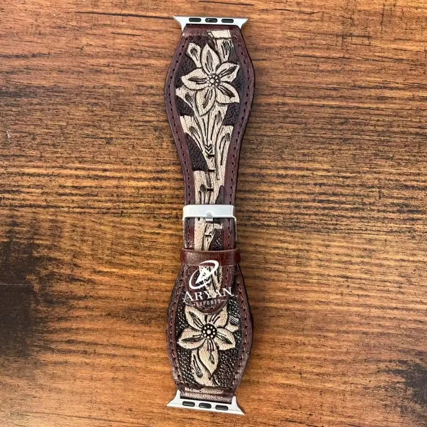 Luxury Man And Women Style Floral Hand Tooled Genuine Leather IPhone Watch Strap Beautiful Watch Hand Band Genuine Leather Strap