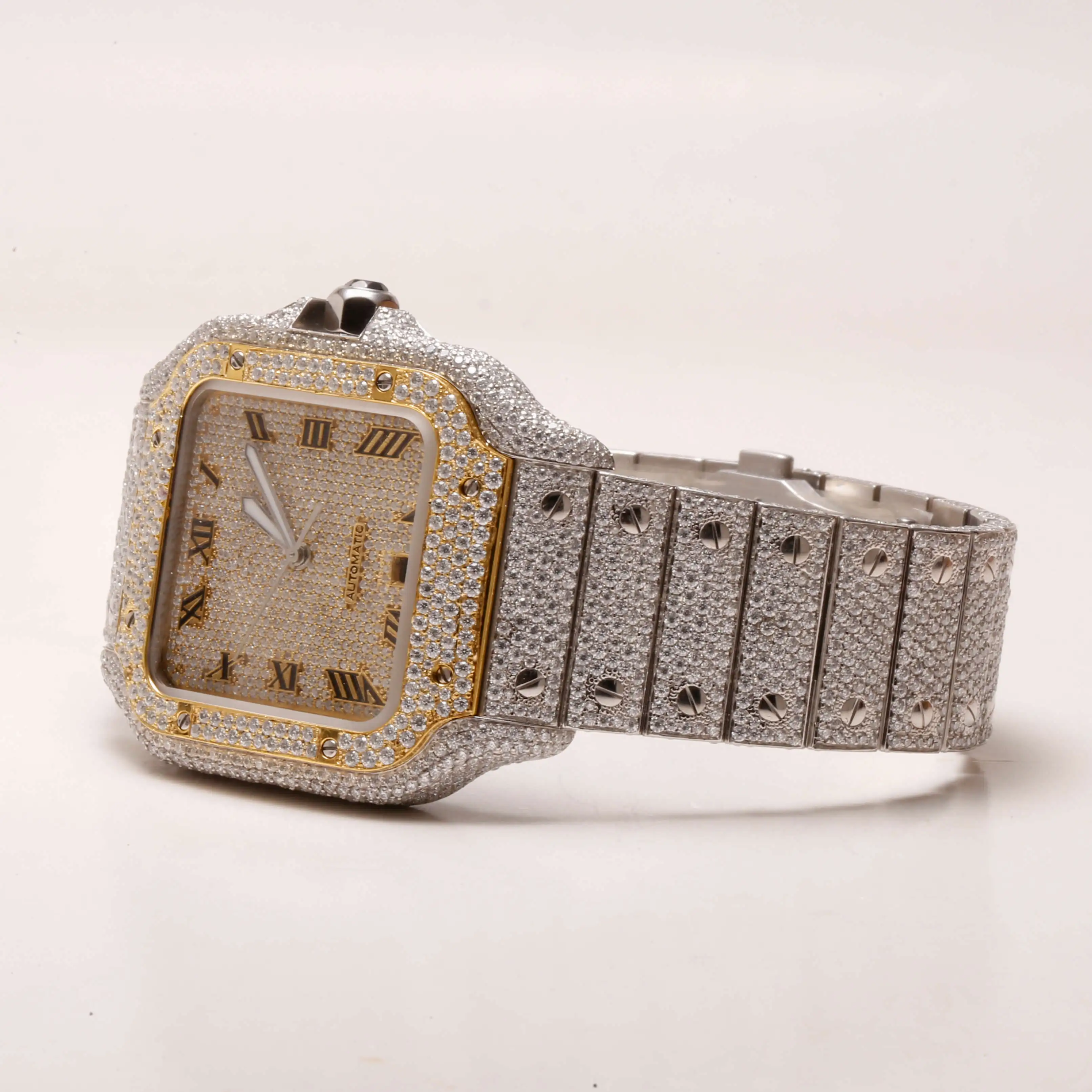 Tester Passed Big Dial Mechanical Belt Iced Out Unisex Bezel Silver Custom Logo with Box Moissanite Bling Diamond Wrist Watch