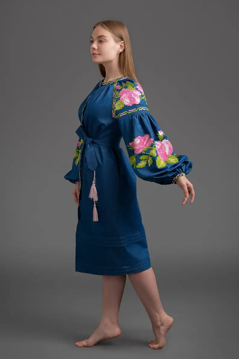 Beautiful & Elegant Ukrainian Style Embroidered Midi Dress Red & Black Embroidered Holidays Casual Maxi Dresses