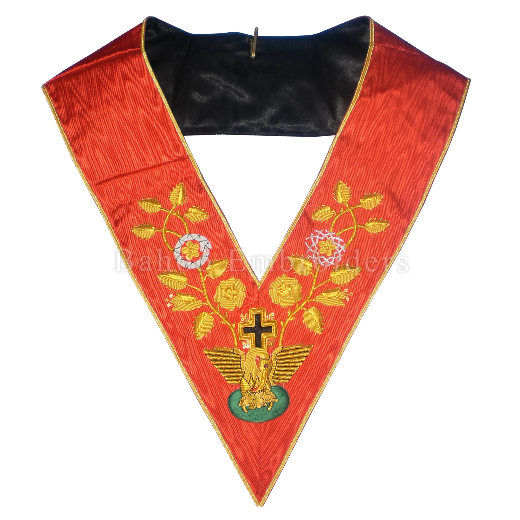 MASONIC SCOTTISH RITE 18TH DEGREE COLLAR OF RED MOIRE RIBBON FULLY HAND EMBROIDERED WITH GOLDEN TRIMMING (BH-M-1056)