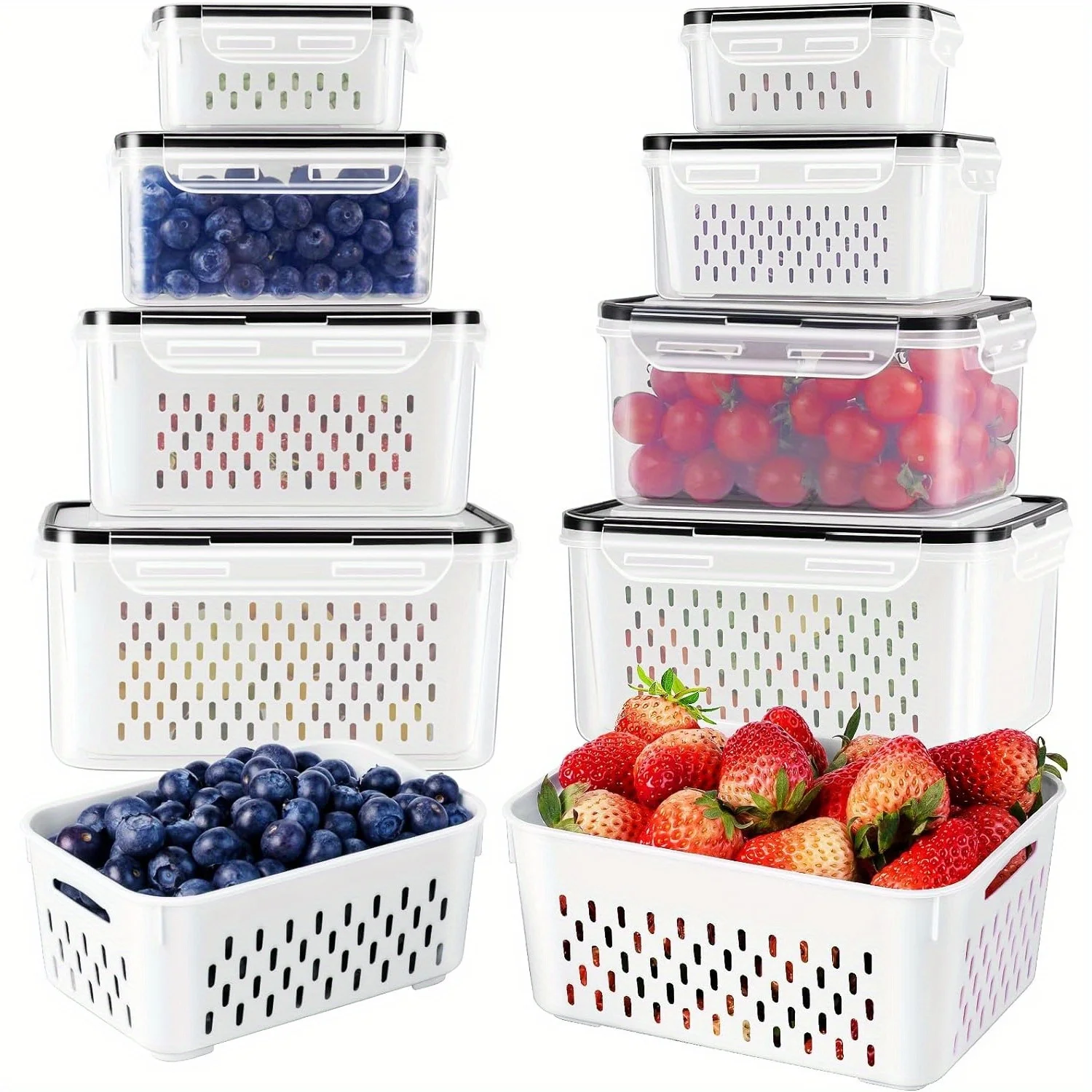 Fruit & Vegetable Storage Containers with Colander, Airtight Fridge Organizers for Fresh Produce, Dishwasher Safe
