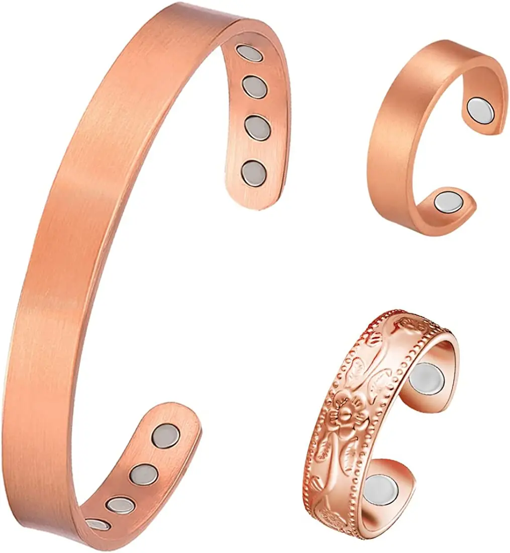 Indian Hand Crafted Healing Copper Bracelet and Matching Finger Ring Chakra Jewelry Cuff for Women and Men