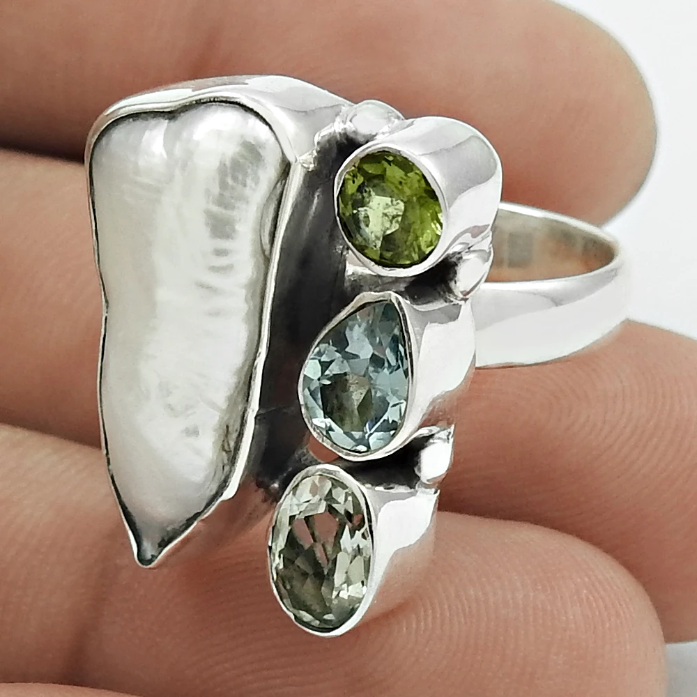 Popular bezel set Colorful pearl ruby garnet Special multi gemstone women ring jewelry manufacturer