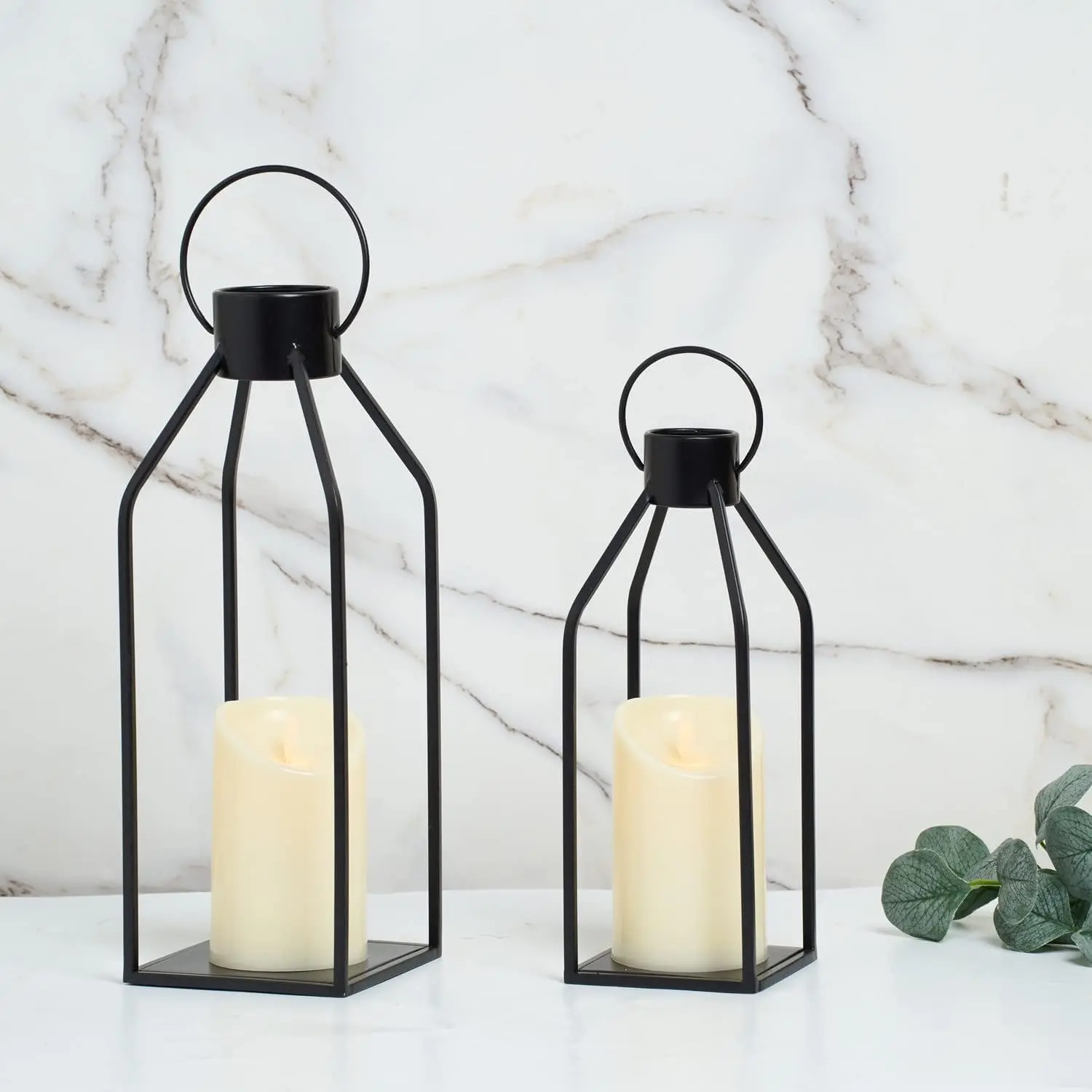 Modern Farmhouse Decor Candle Lanterns Black Metal Christmas Lanterns Decorative Lanterns & Holders set of  2