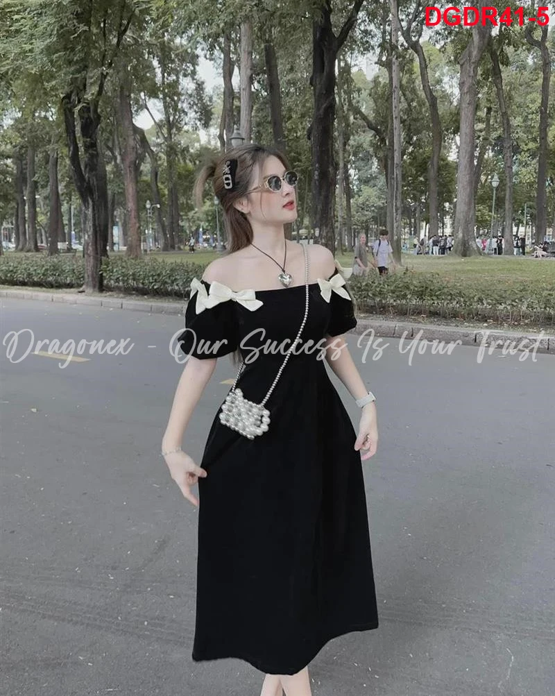 Long Black Dress With Bow Tie At The Collar And Short Fluttering Sleeves Street Style For Pretty Girls Best Selling Good Quality