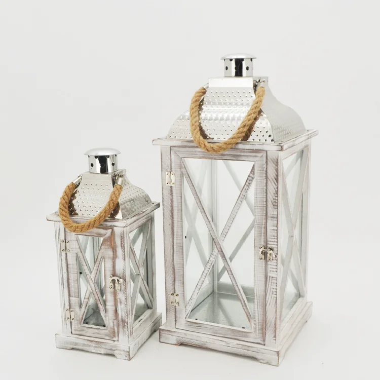Hot Selling Fancy Style Home And Garden Wood Glass Lantern For Candle With Stainless Steel Top