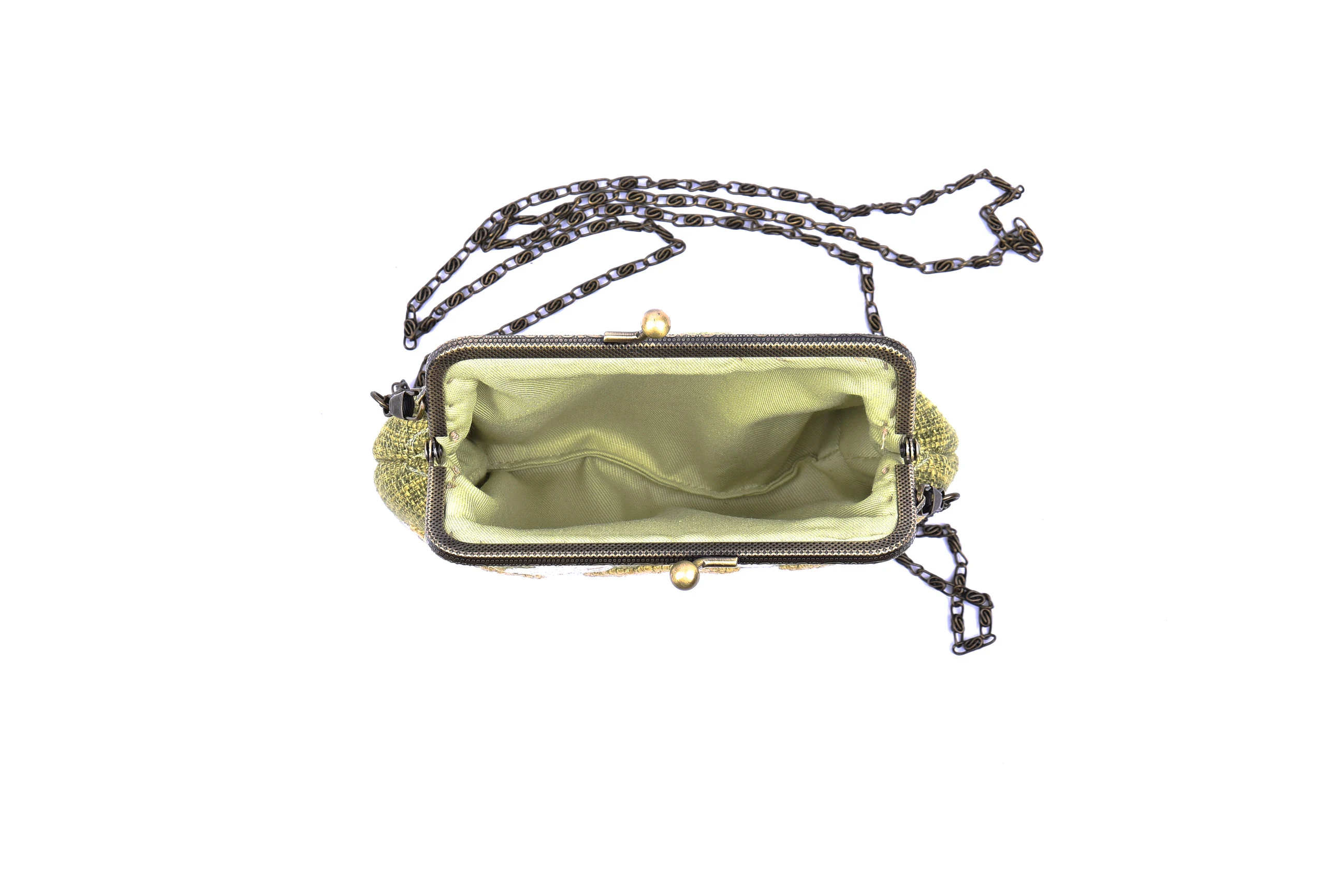 Small Hemp Bag with Copper Binding Straight Hand Strap Sequin and Glass Bead 3 Branches 2 Birds Embroidery Chain Shoulder Strap