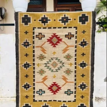 Handmade Modern-Style Wool Jute Rug Vintage Indian Carpet with Abstract Design Kilim Dhurrie Style Hot Sale Area Rug Set
