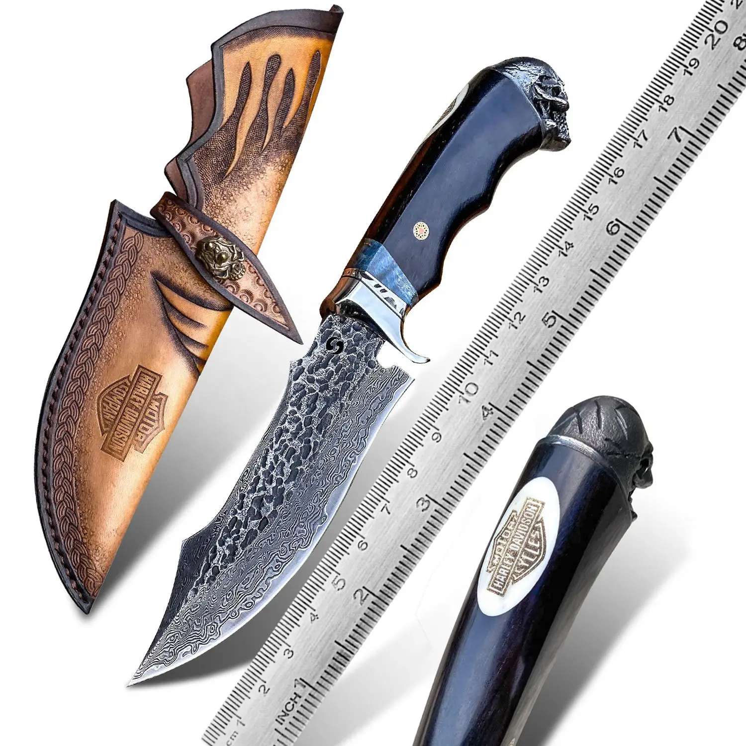 Outdoor EDC Camping Survival Tool Self Defence Knife Handmade Damascus Steel Fixed Blade Hunting Knives with Ebony Wood Handle