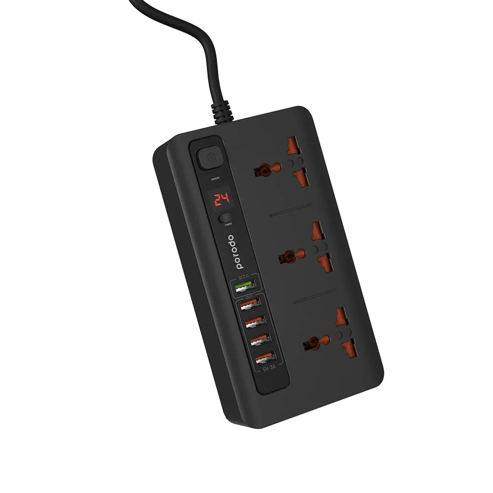 Porodo QC3.0 Multi-Socket 33W With Timer x3 AC Sockets 10A and x5 USB Outputs 33W -200cm Power Cord Independent Power Switch