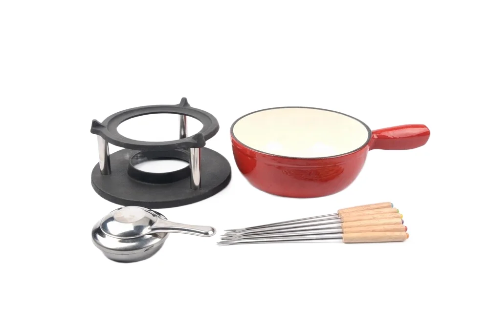 Enameled Cast Iron Swiss Fondue Set for Chocolate Cheese with 6 Fondue Forks Fondue Burner and Pot Base for Indoor and Outdoor