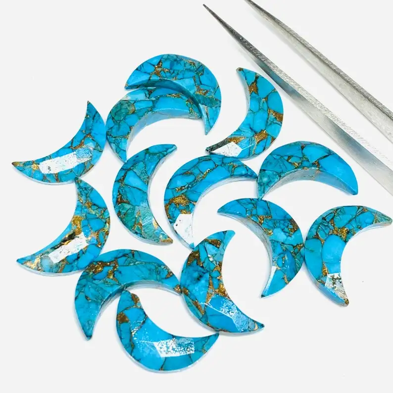 Copper Turquoise Moon Carved Gemstone Beads 17mm Engraving Moon Shape Crystal Carving Charms For Jewelry Making Crystal Crafts