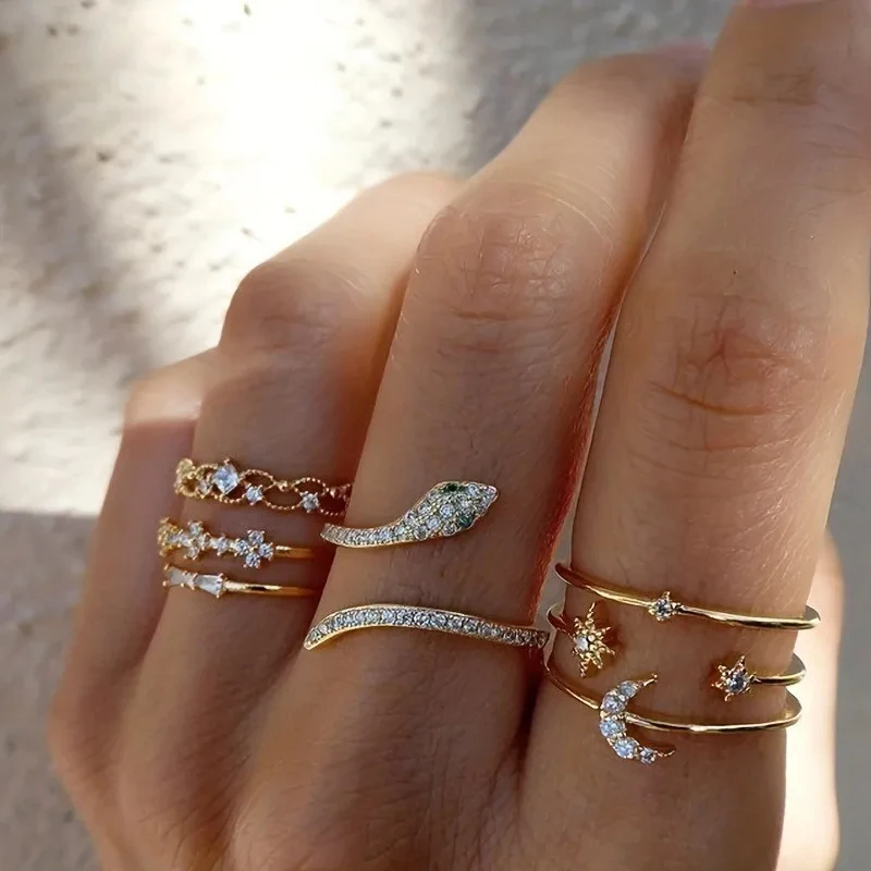 Wholesale Bohemian Midi Knuckle Ring Set For Women Crystal Star Moon Flower Love Crescent Geometric Finger Rings Vintage Jewelry