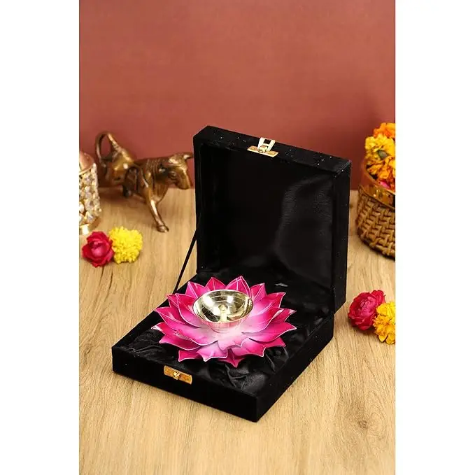 Decorative India Brass and Metal Lotus Pink Design Diya for Puja Home Decoration Item Gift, Specially Made for Diwali Gifting.