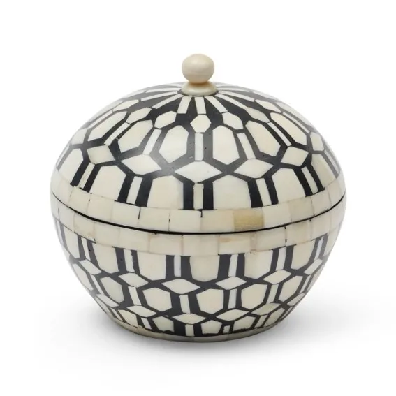 Indian Unique Round Bone With Round Lid Wooden Trending Decorative Boxes Wholesale Organiser Black and White Available Here