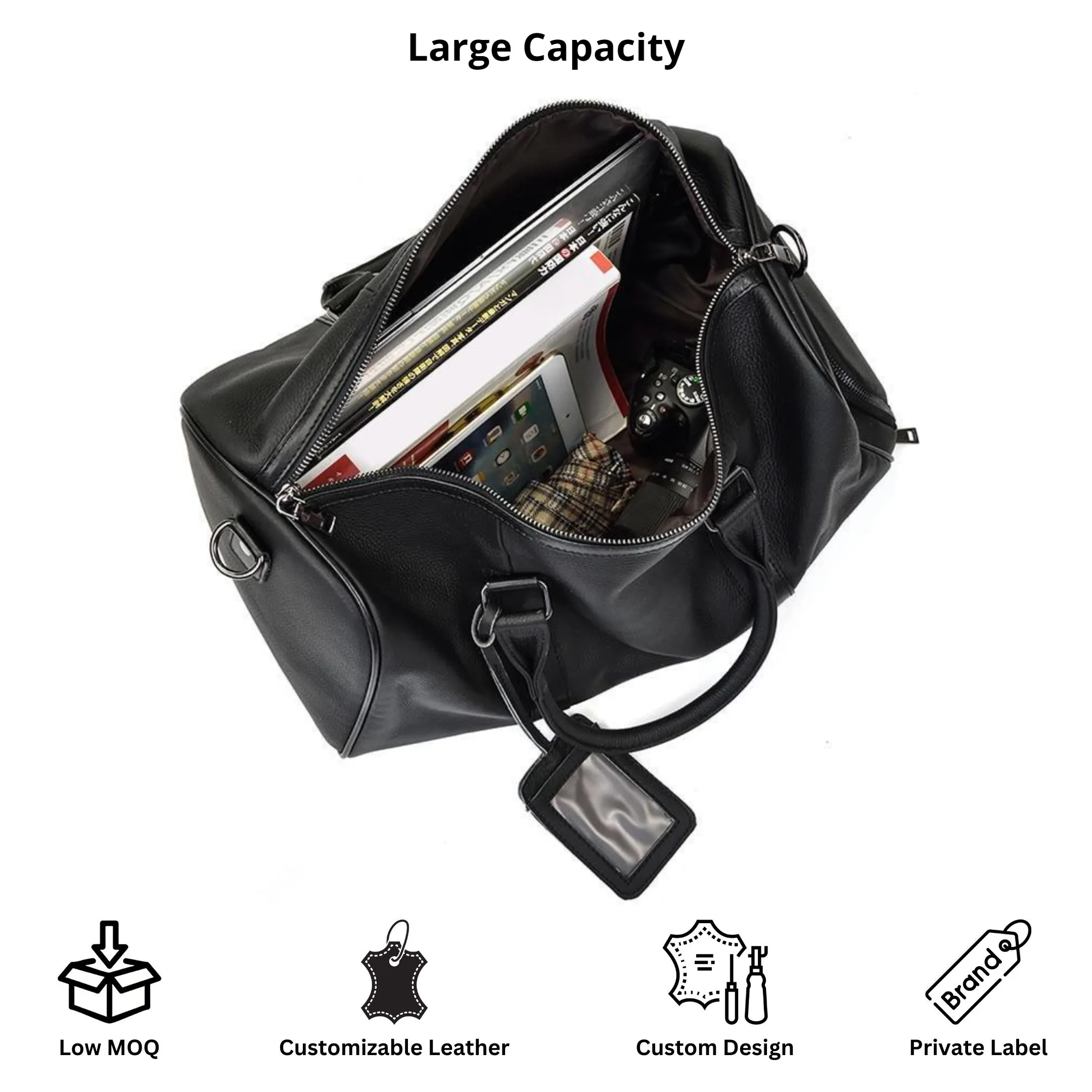 Exclusive Luxury Custom Genuine Leather Weekender Duffel Bag Men Black Pebbled Leather Shoe Compartment Travel Gym Use Featuring