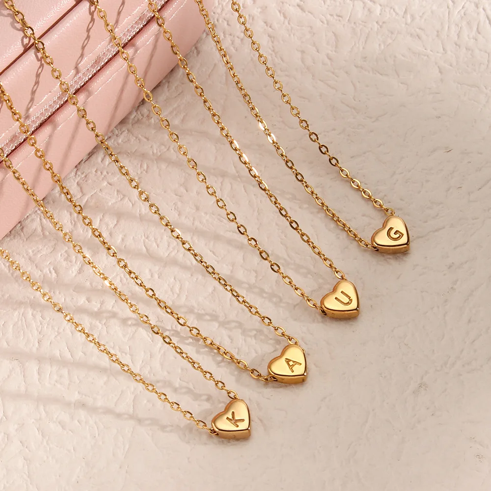 New Personalized Arrival Mini Heart Initial Letter Gold Plated Stainless Steel Love Pendant Women Necklace Name Jewelry