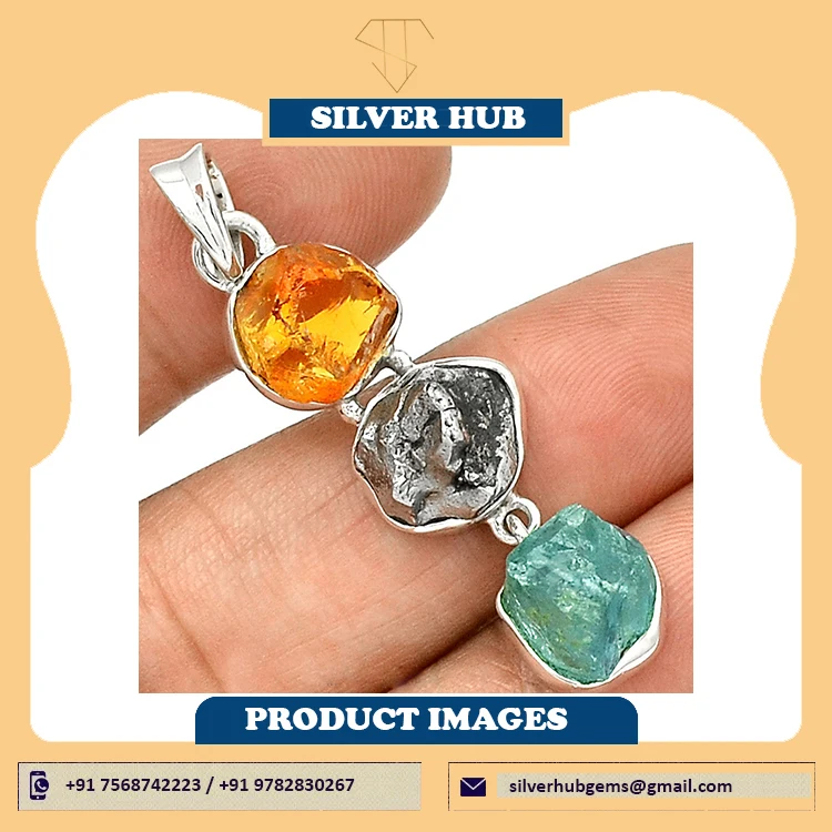 Top Quality Unique 925 Sterling Silver Multi Stone Handmade Rough Pendant for Sale