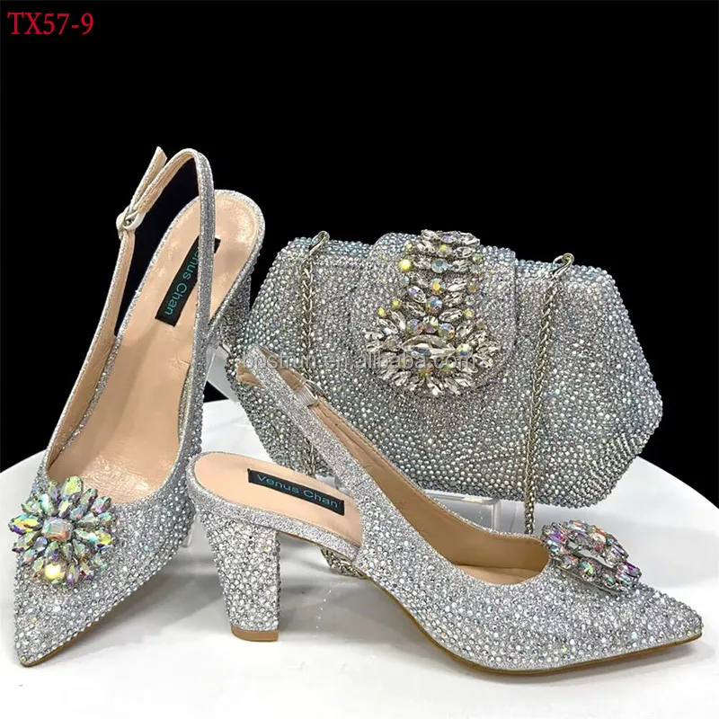 TX57   Newest Fashion Italian shoes and bag set wholesale 2024 blue color for wedding shoes and matching purse for women