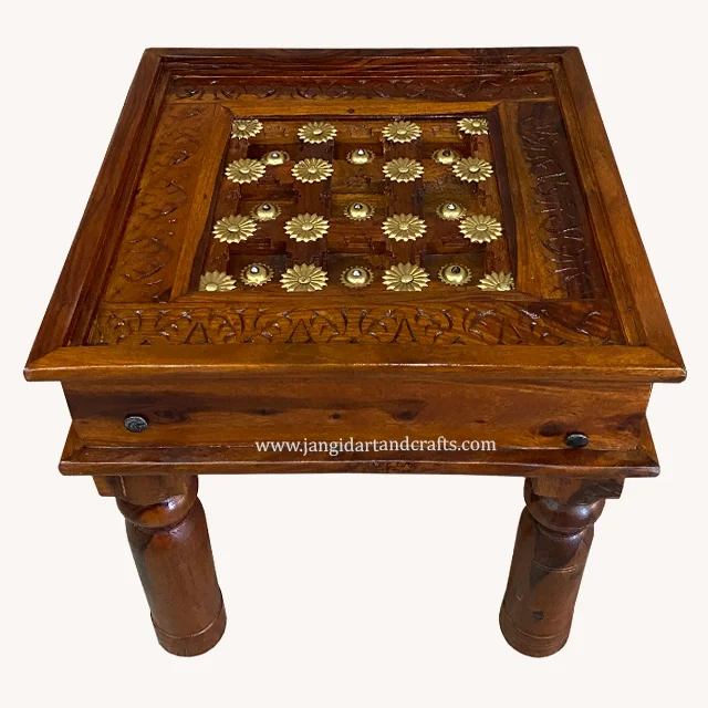 Living Room Brass Fitted Furniture Wood Coffee Table Antique Vintage Center Table with Solid Wood Leg Indian Furniture Exporter