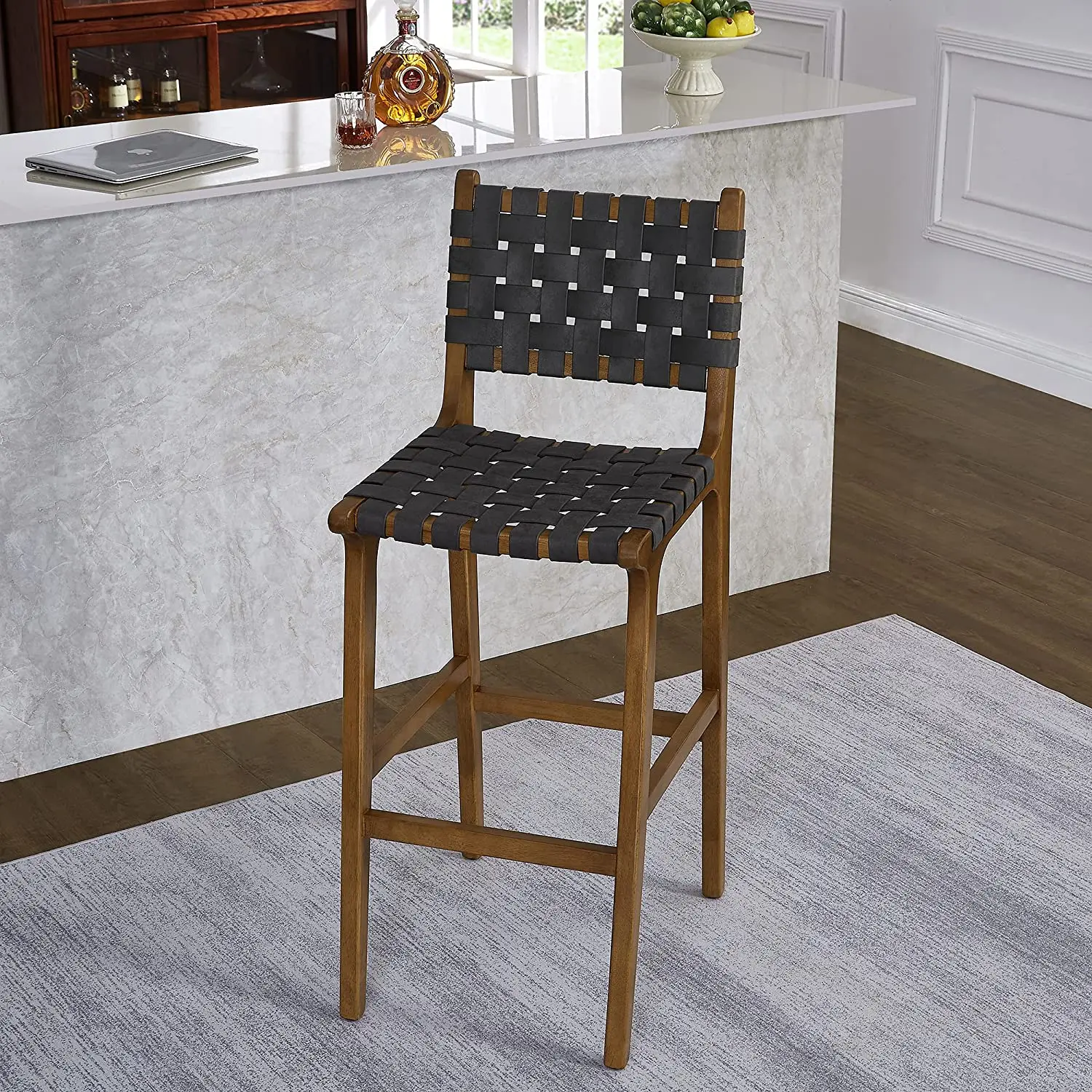 Upholstered bar stools with Back, Solid Wood Frame and Faux Leather Woven Strips, bar Height Stool Dark Grey, For Home Hotel