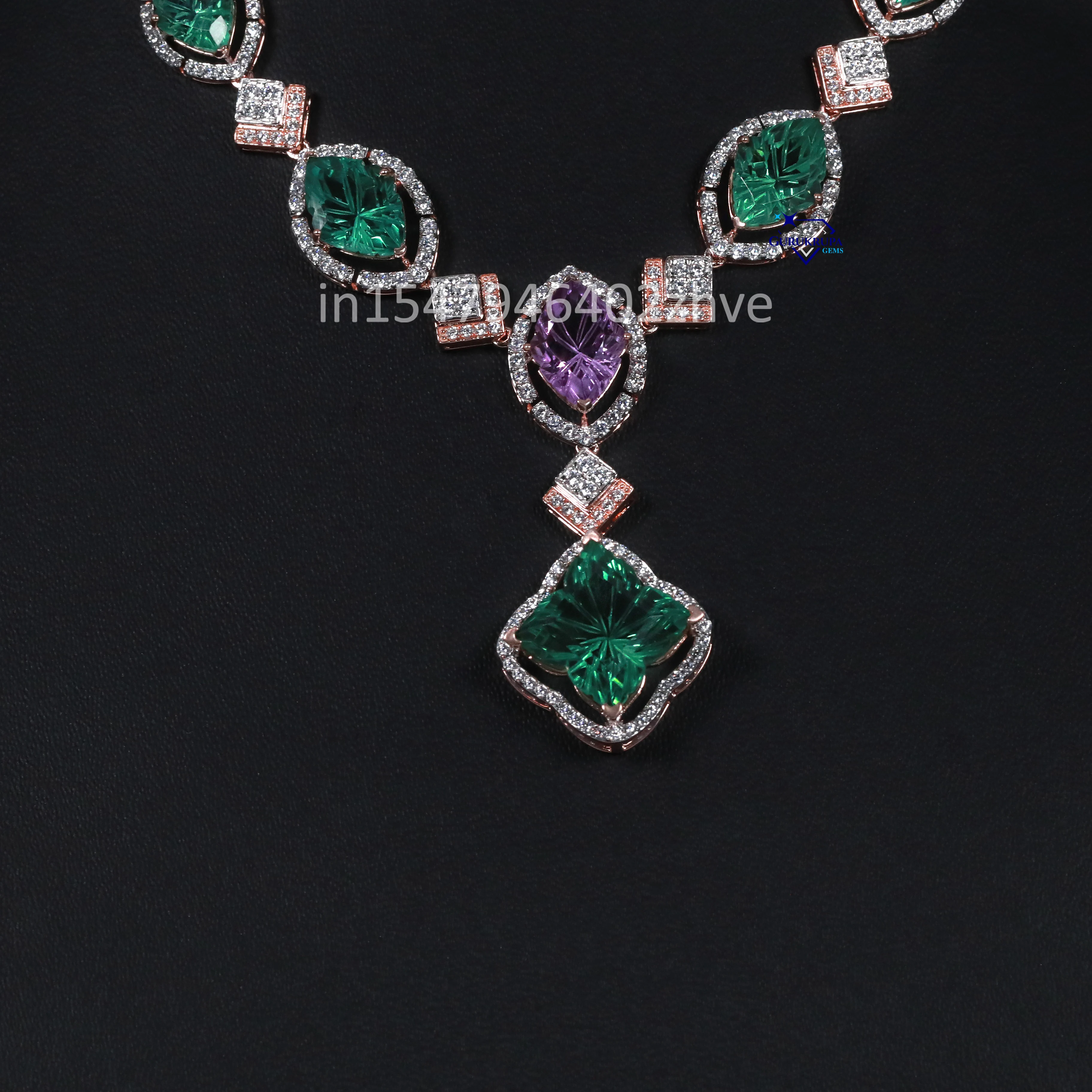 Radiate your elegance with stunning 925 sterling silver lab grown diamond with green and purple gemstone necklace set for women
