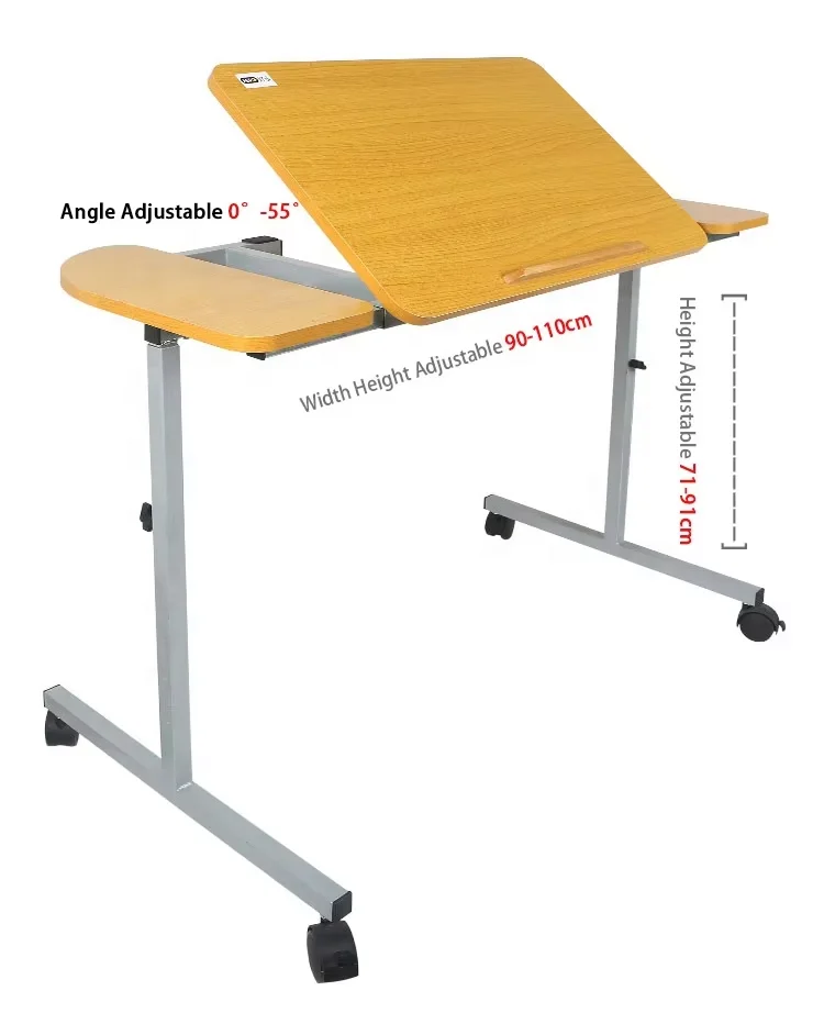 MSMT Ajustable hospital Pneumatic rod overbed tables swivel castors dining hospital over bed tray table for eating and laptop