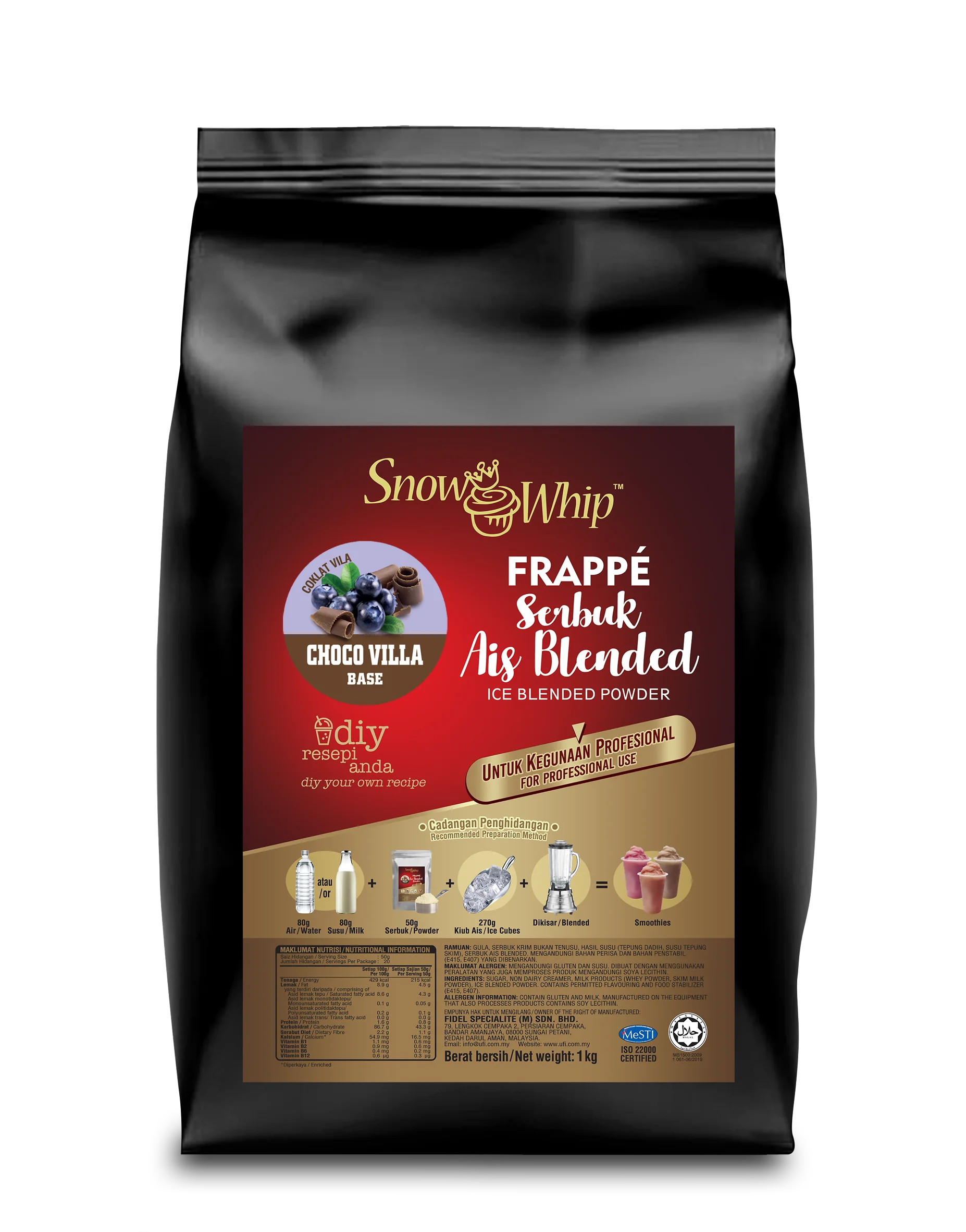 Healthy Raw Chocovilla 1Kg Ice Blended Powder Halal Snow Whip Soft Serve Milkshake Dessert and Pastry For All Age