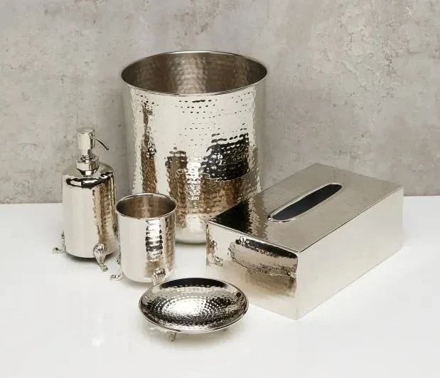 Luxury 5 pieces Bathroom accessories Tray Box Vase Dispenser Metal accessories set for Bathroom or washroom use